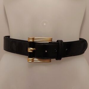 Vintage Ginnie Johansen Black and Goldtone Wide Width Statement Belt Size Small